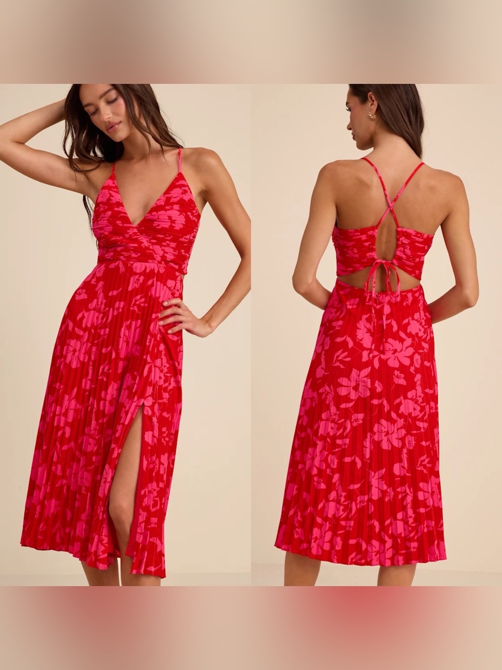 Vibrant Moment Red and Pink Floral Pleated Lace-Up Midi Dress women's Medium